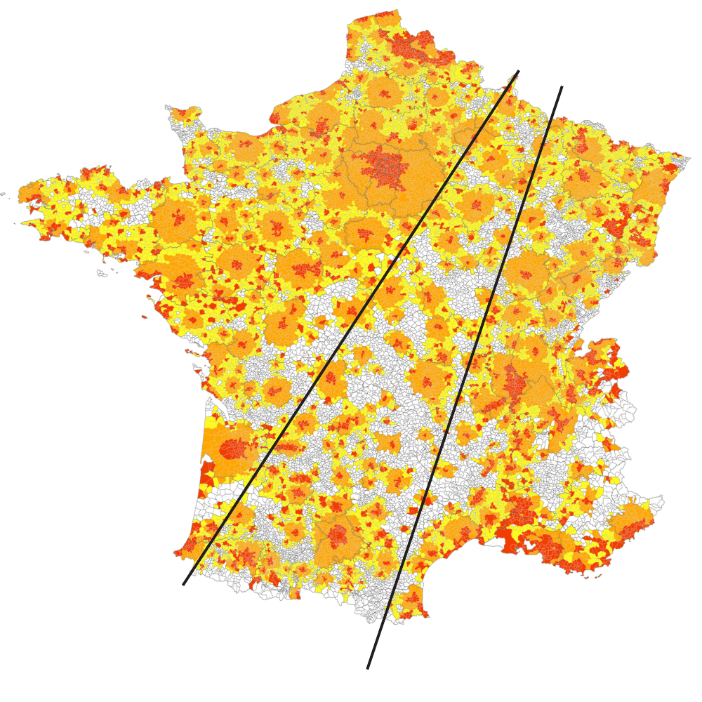Diagonale du Vide - population map - By Poulpy - Coordinates are taken from GEOFLA® Communes, a work of Institut géographique national, licensed under the Licence Ouverte. Urban area zoning is taken from INSEE., CC BY-SA 3.0, https://commons.wikimedia.org/w/index.php?curid=21514067