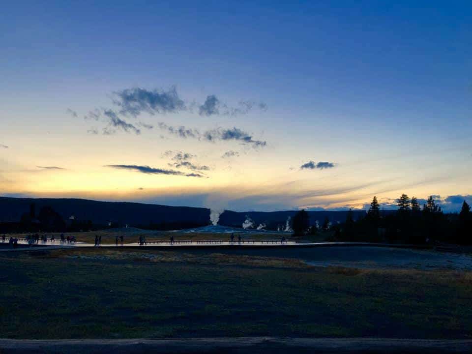 Old Faithful at sunset - Yellowstone Itinerary 4 days