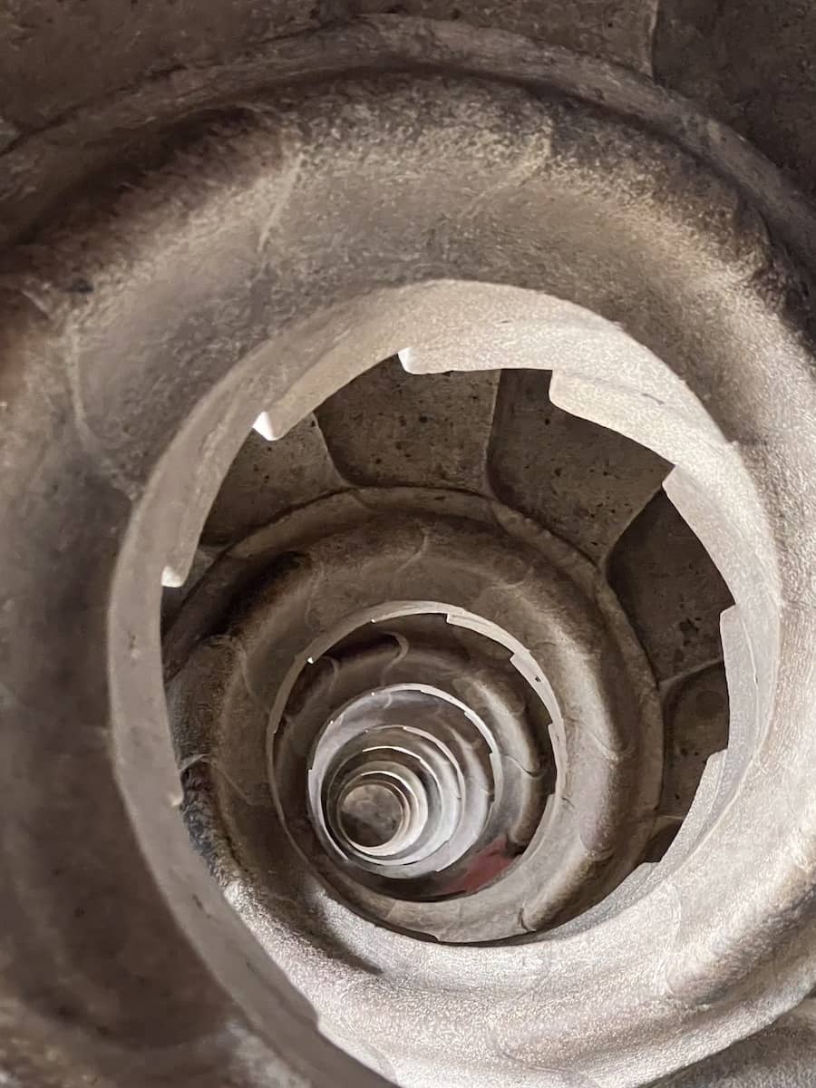 The spiral staircase down 420+ stairs from the Passion facade