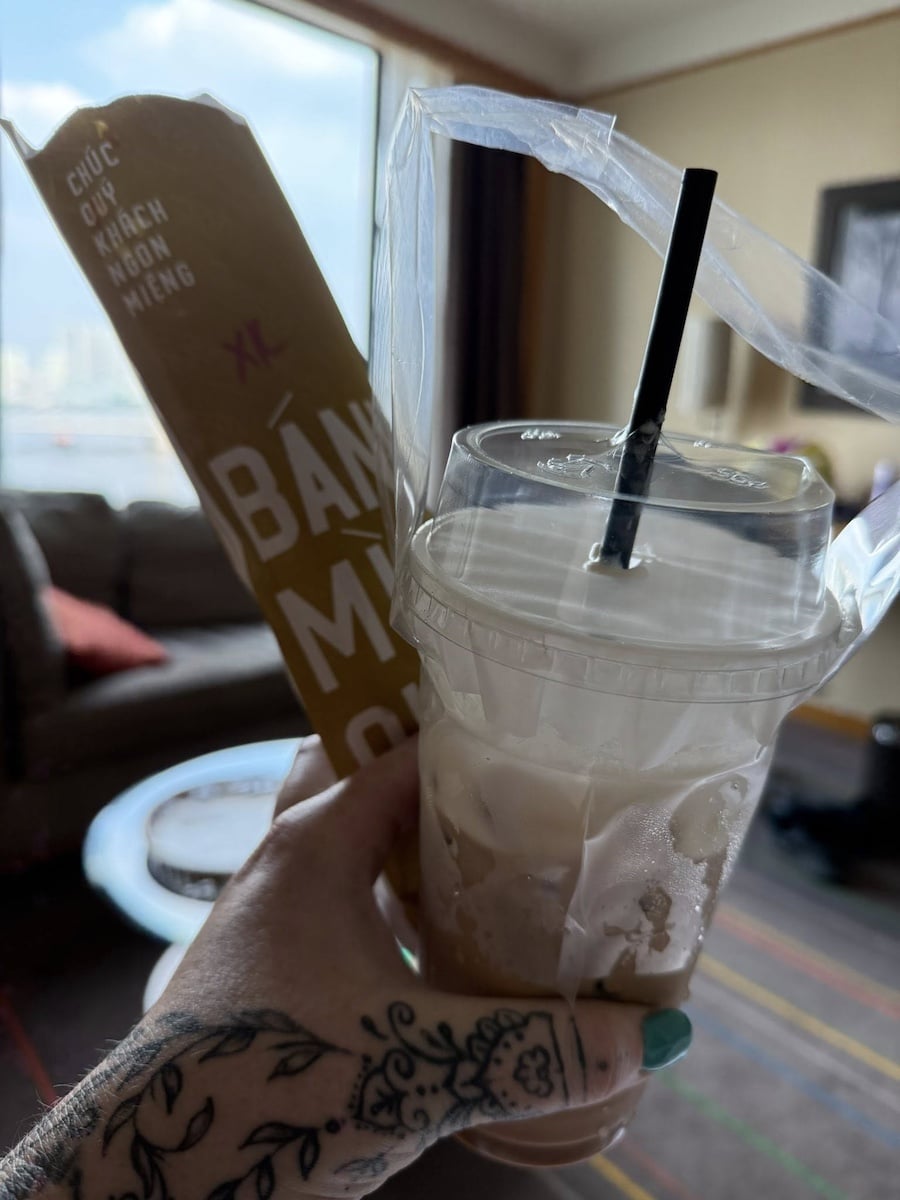 Takeaway yoghurt coffee and breakfast banh mi